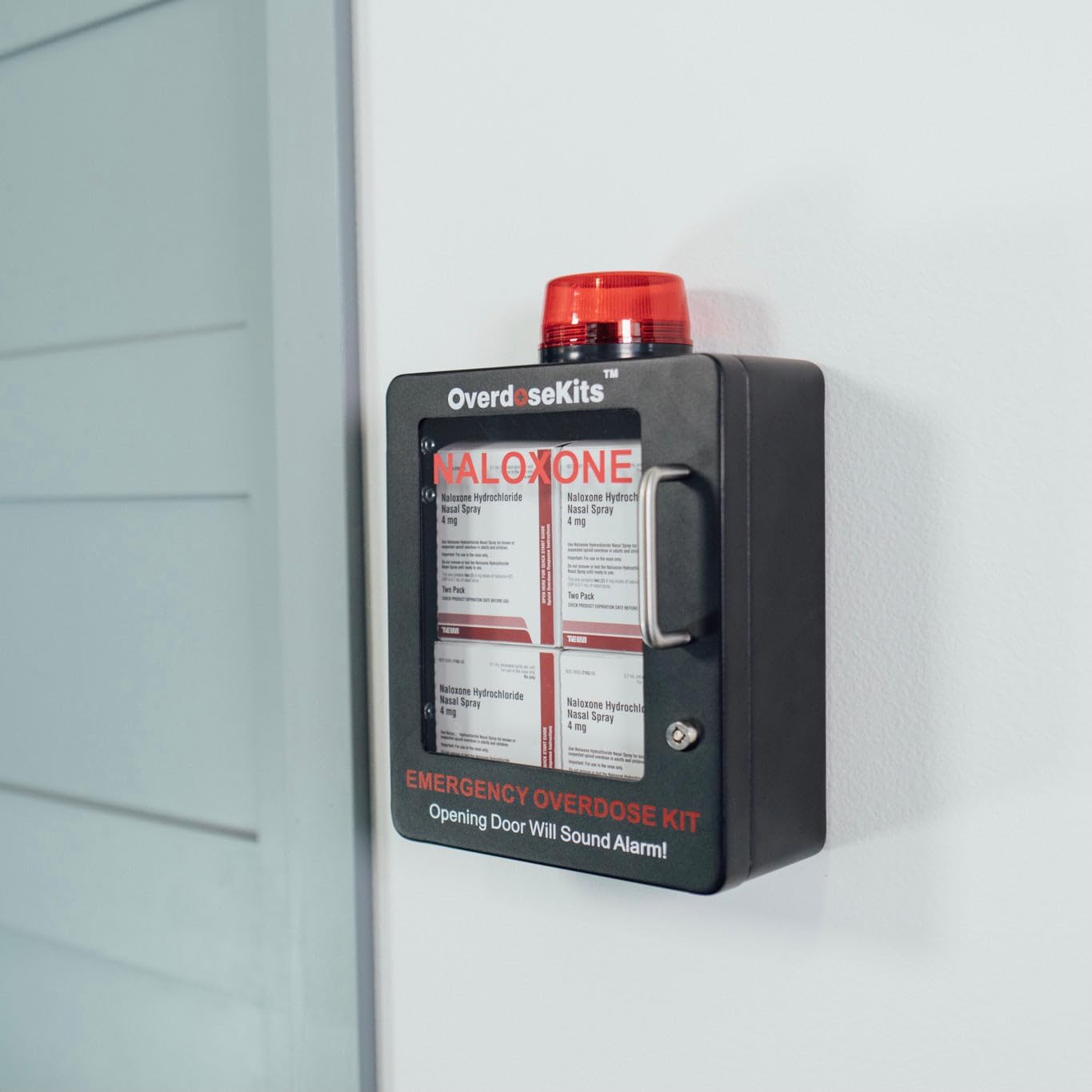 Naloxone Overdose Emergency Kit Cabinet - Includes Optional Alarm and Locking System - Designed for Wall Mount & Public Access (Metal, Black)