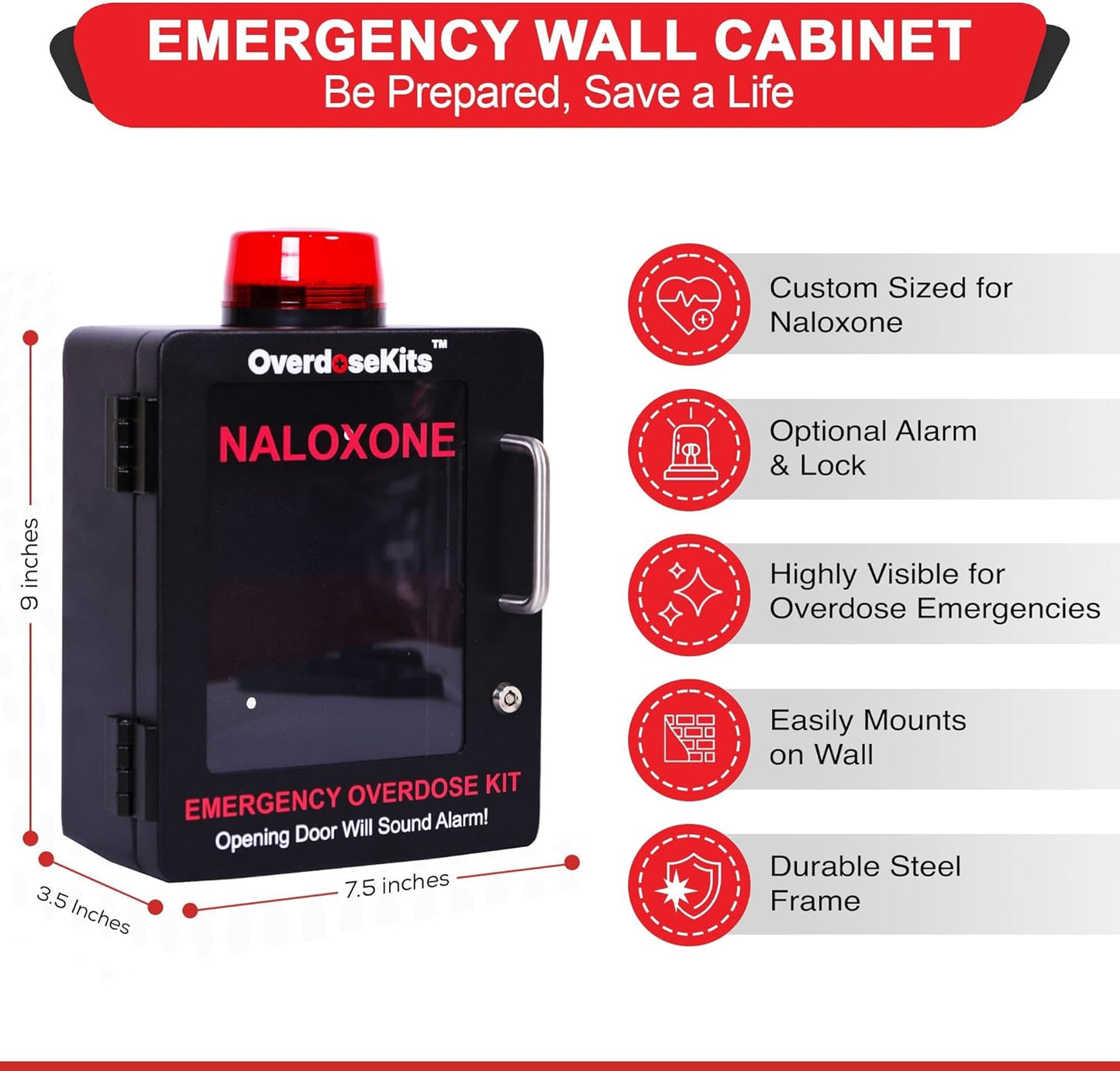 Naloxone Overdose Emergency Kit Cabinet - Includes Optional Alarm and Locking System - Designed for Wall Mount & Public Access (Metal, Black)