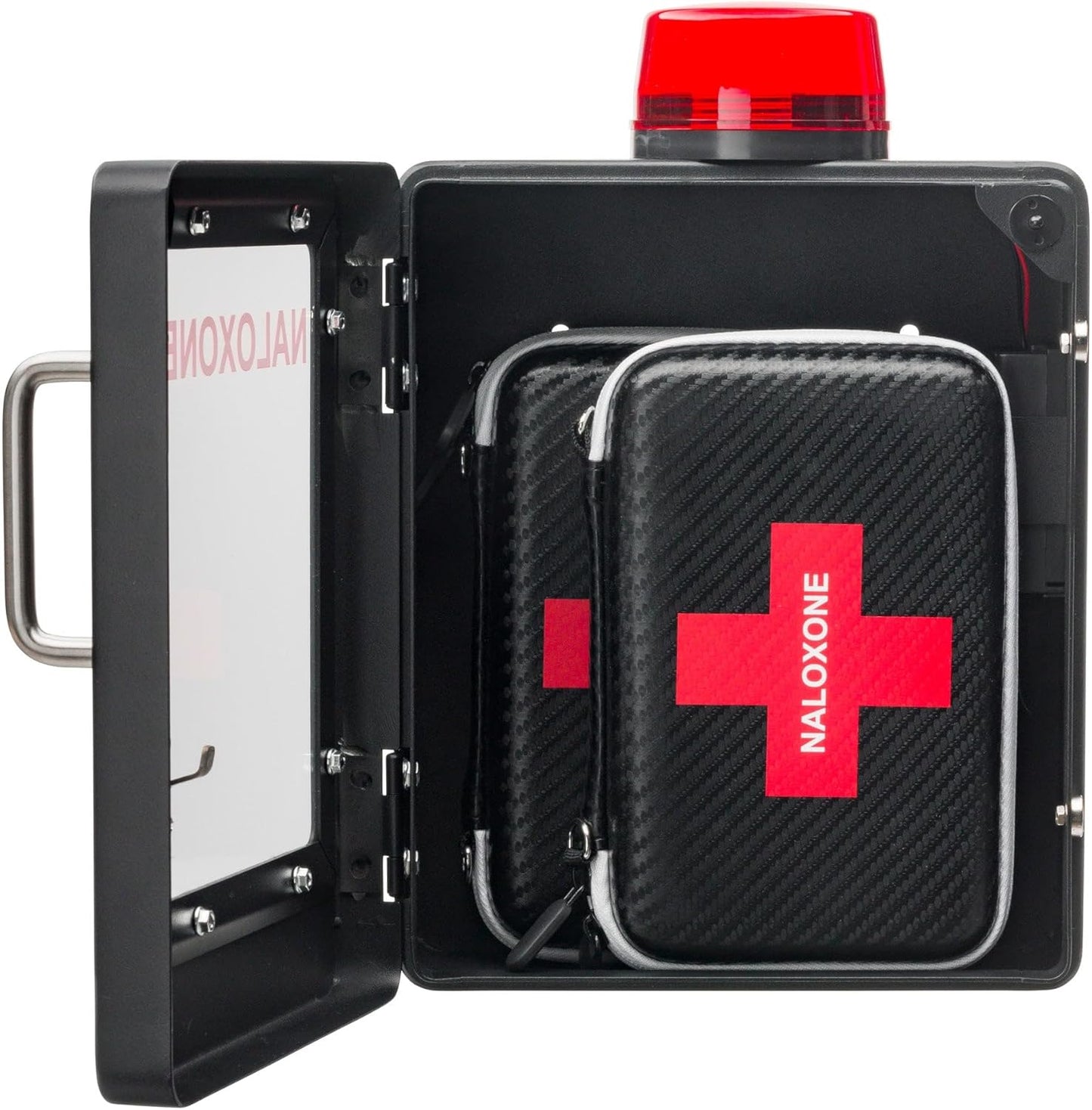 Naloxone Overdose Emergency Kit Cabinet - Includes Optional Alarm and Locking System - Designed for Wall Mount & Public Access (Metal, Black)