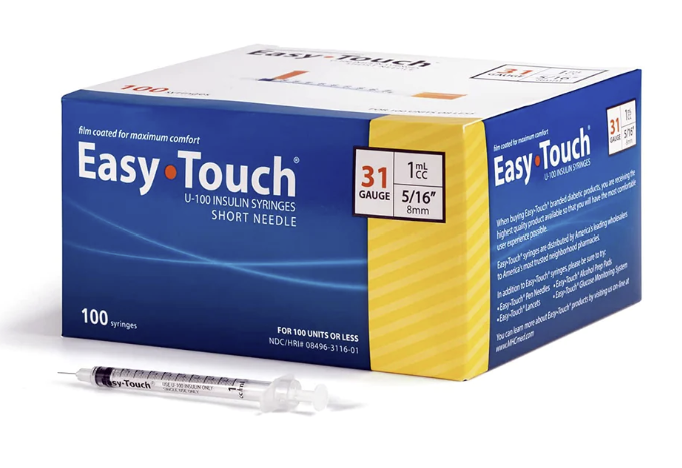 831565 + 831165 EASYTOUCH® U-100 INSULIN SYRINGES, 31G, .5CC or 1CC, 5/16 (8MM), YELLOW