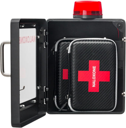Naloxone Overdose Emergency Kit Cabinet - Includes Optional Alarm and Locking System - Designed for Wall Mount & Public Access (Metal, Black)