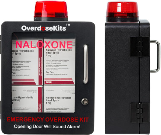 Naloxone Overdose Emergency Kit Cabinet - Includes Optional Alarm and Locking System - Designed for Wall Mount & Public Access (Metal, Black)